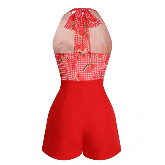 Watermelon Red  Halter Patchwork Romper