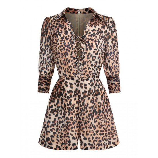 2PCS  Leopard Lapel Romper & Khaki Skirt