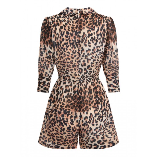 2PCS  Leopard Lapel Romper & Khaki Skirt