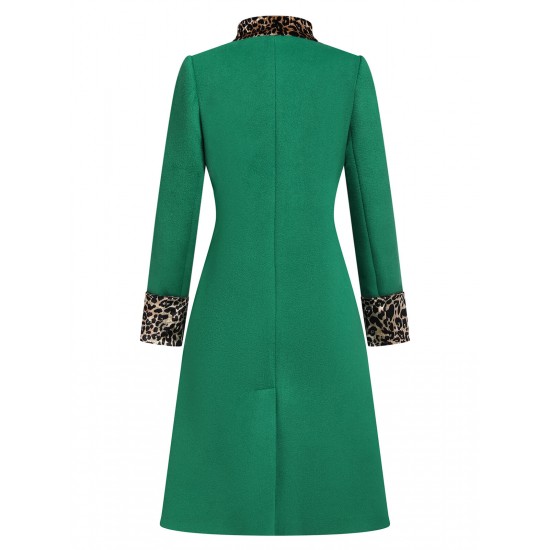 Green  Leopard Patchwork Button Coat