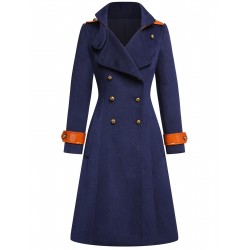 Navy Blue  Patchwork Button Coat