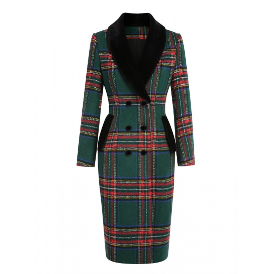 Green  Plaid Fur Collar Pencil Coat