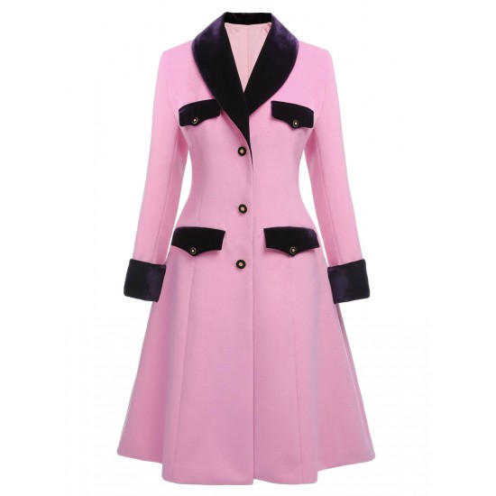 Pink  Velvet Patchwork Button Coat