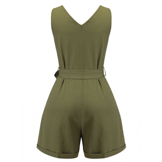 Army Green  V-Neck Button Waist Tie Romper