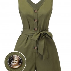 Army Green  V-Neck Button Waist Tie Romper