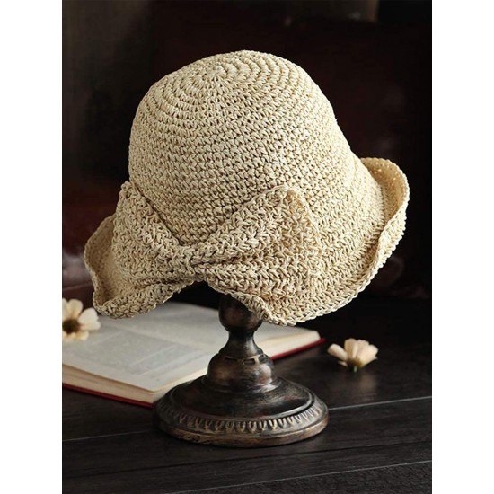  Solid Bowknot Raffia Sun Hat