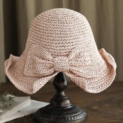  Solid Bowknot Raffia Sun Hat