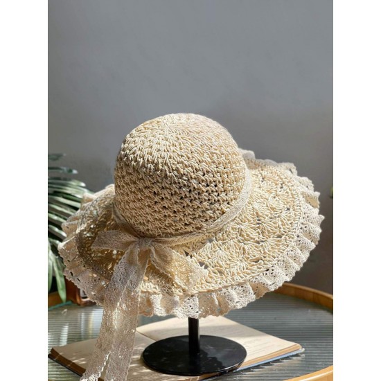 Beige Hand-made Lace Bow Sun Hat