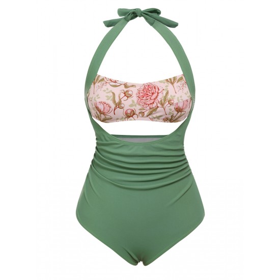 Green  Peony Halter One-Piece Swimsuit