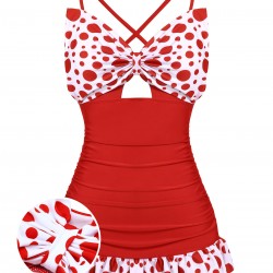  Polka Dot Bowknot Patchwork Swimsuit