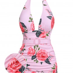 Pink  Roses Halter Belt Swimsuit