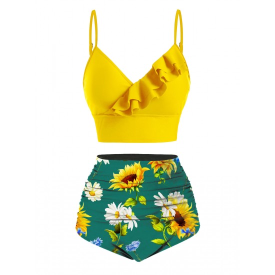 2PCS Yellow  Sunflower Ruffles V-Neck Swimsuit