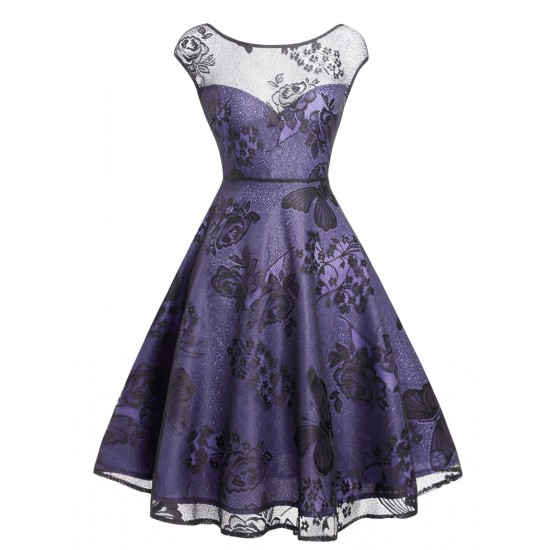 Purple  Mesh Floral Swing Dress