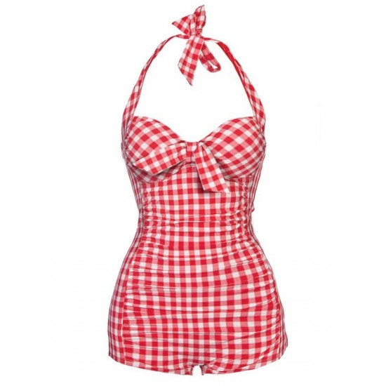 Red  Plaid Halter One-piece Swimsuit